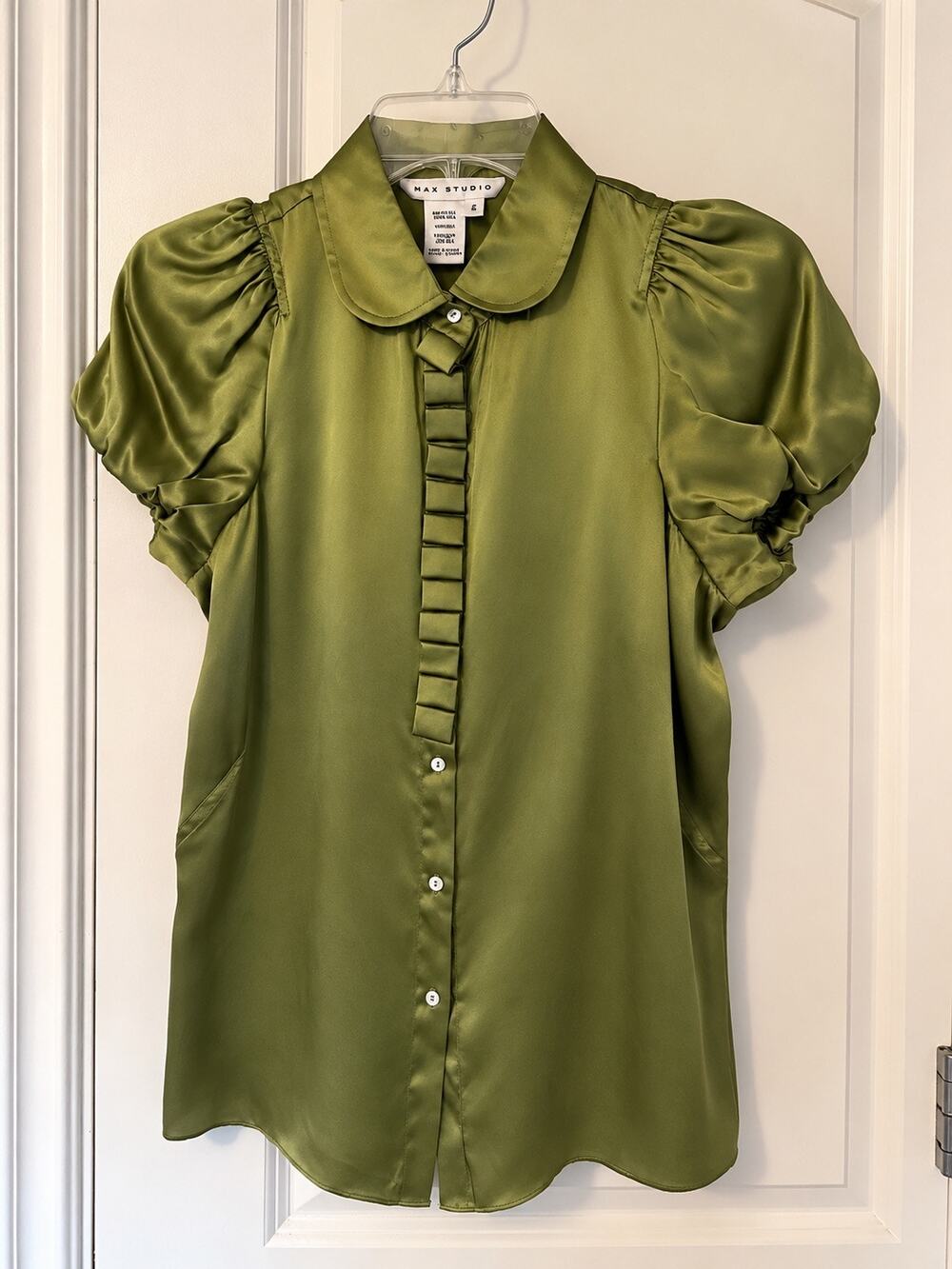 Max Studio 100% Silk Olive Green Puff Sleeve Blouse Peter Pan Collar Size S
